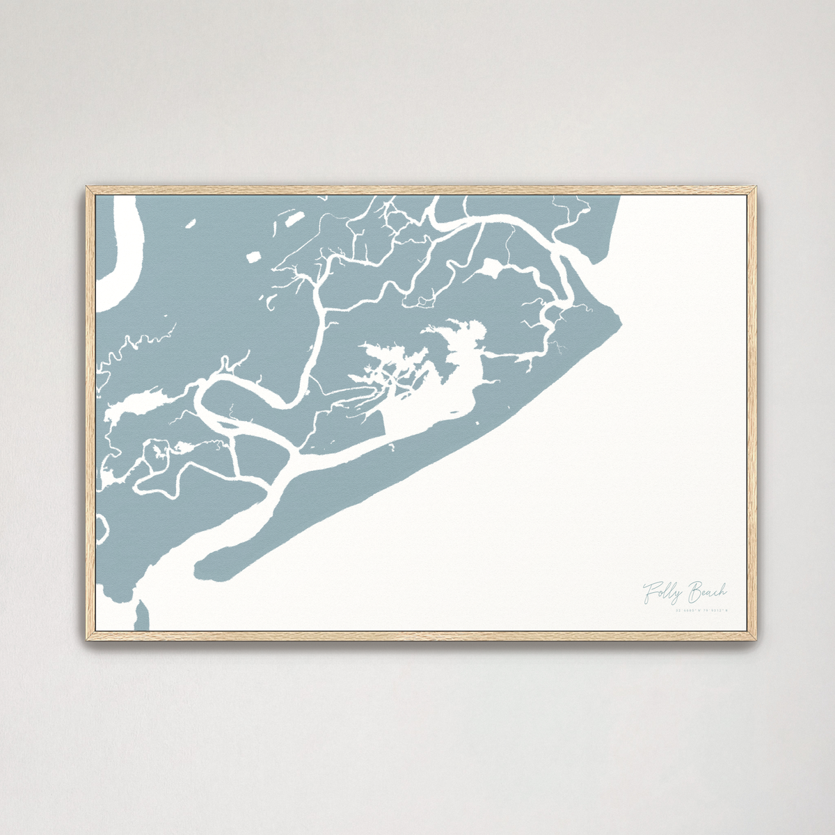Folly Beach horizontal canvas map, Soft Blue, Natural Oak