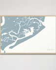 Folly Beach horizontal canvas map, Soft Blue, Natural Oak