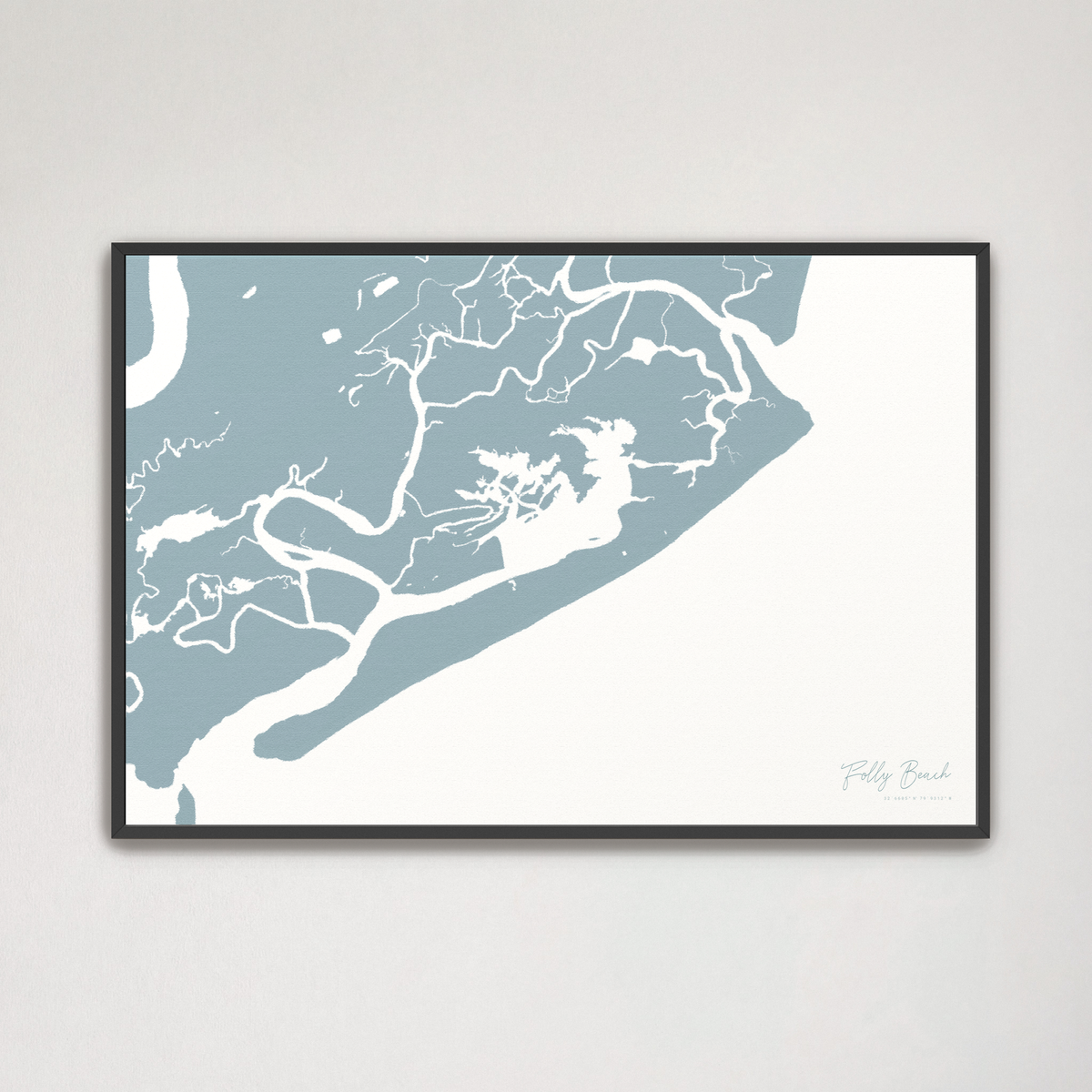 Folly Beach horizontal canvas map, Soft Blue, Black Frame