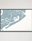 Folly Beach horizontal canvas map, Soft Blue, Black Frame