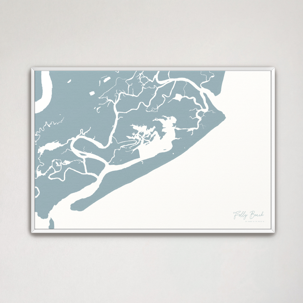 Folly Beach horizontal canvas map, Soft Blue, White Frame