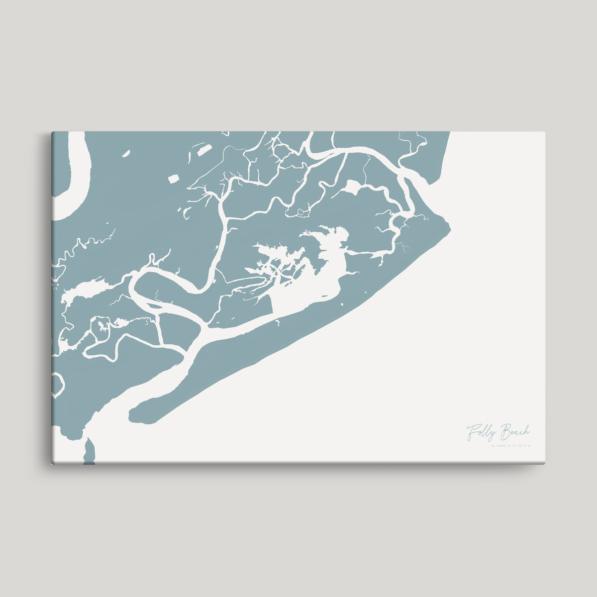 Folly Beach horizontal canvas map, Soft Blue, No Frame