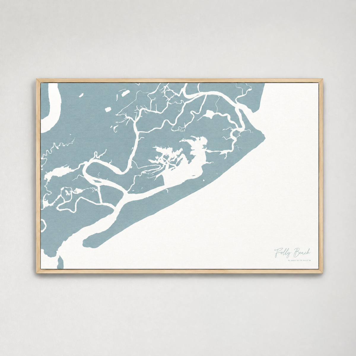 Folly Beach horizontal canvas map, Soft Blue, Light Wood