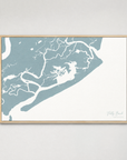 Folly Beach horizontal canvas map, Soft Blue, Light Wood