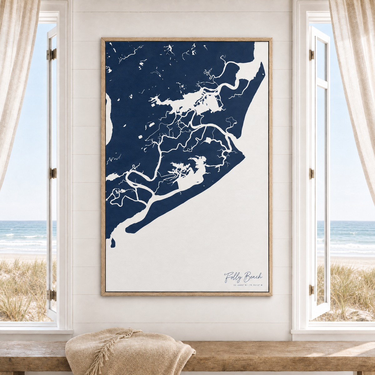 Folly Beach vertical canvas map in Navy, window interior