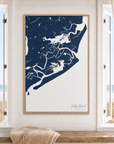 Folly Beach vertical canvas map in Navy, window interior