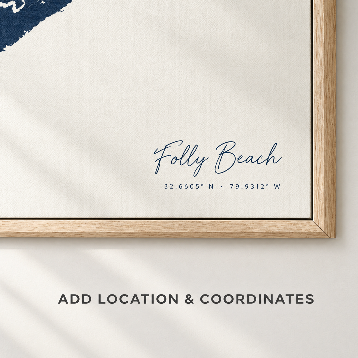 Folly Beach vertical canvas map in Navy, location and coordinates detail