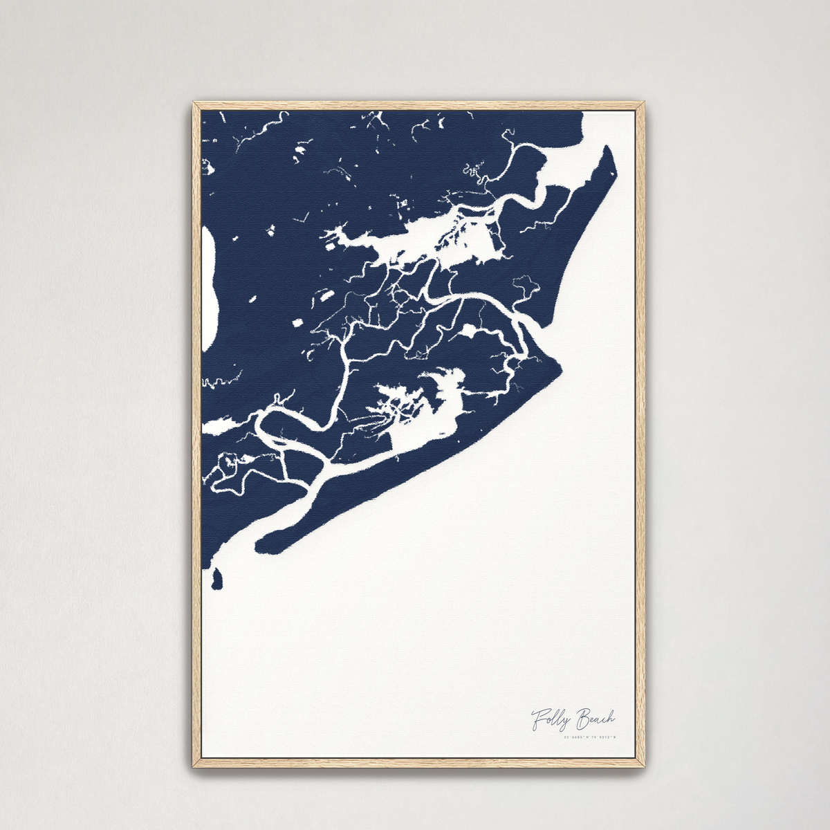 Folly Beach vertical canvas map, Navy, Natural Oak