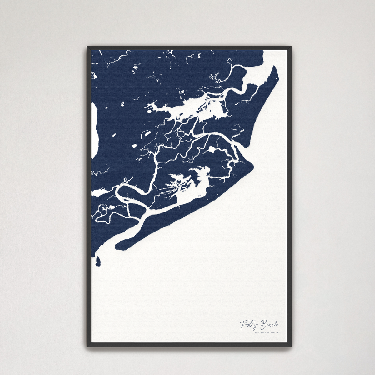 Folly Beach vertical canvas map, Navy, Black Frame