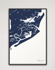 Folly Beach vertical canvas map, Navy, Black Frame