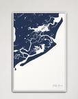 Folly Beach vertical canvas map, Navy, White Frame