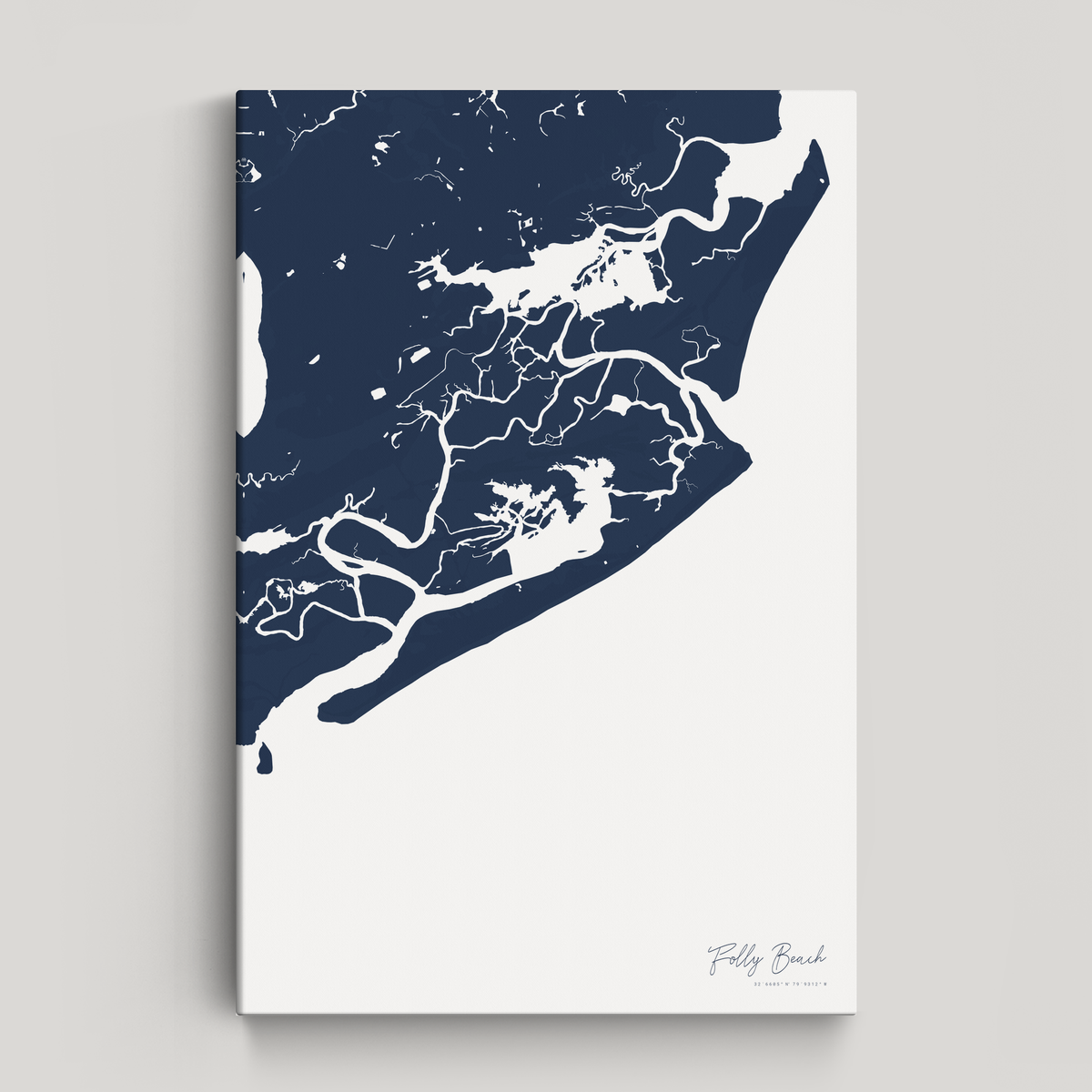 Folly Beach vertical canvas map, Navy, No Frame