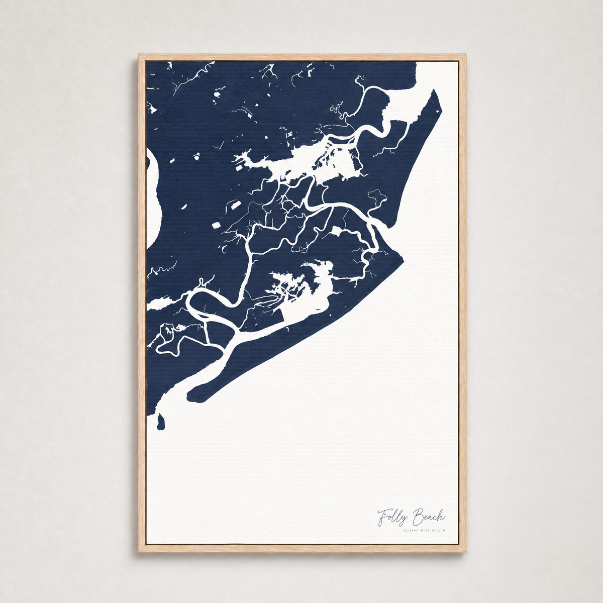 Folly Beach vertical canvas map, Navy, Light Wood