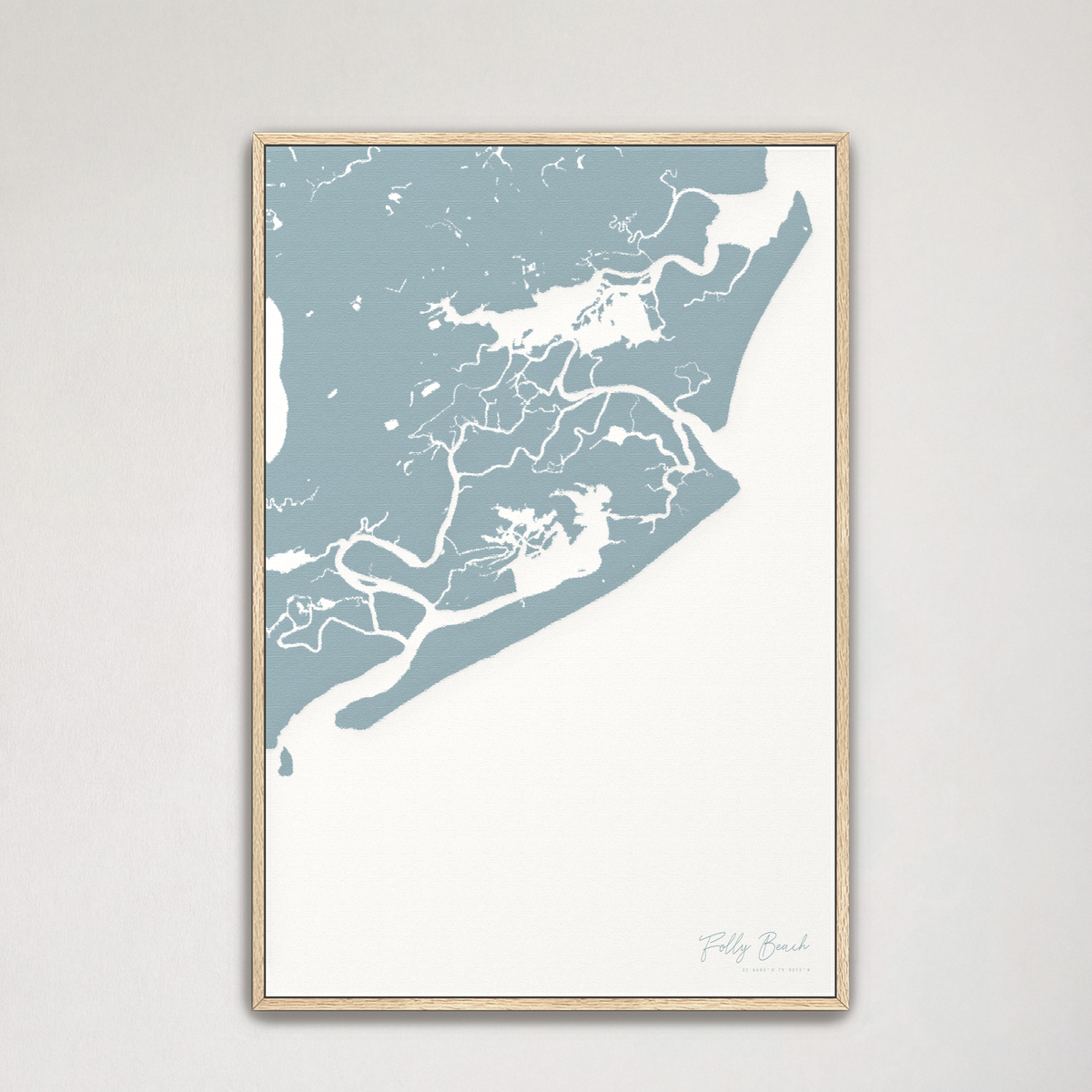 Folly Beach vertical canvas map, Soft Blue, Natural Oak