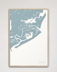 Folly Beach vertical canvas map, Soft Blue, Natural Oak
