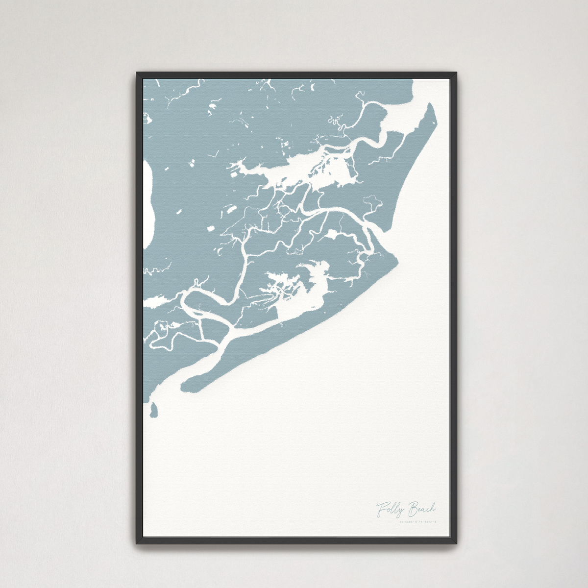 Folly Beach vertical canvas map, Soft Blue, Black Frame