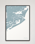 Folly Beach vertical canvas map, Soft Blue, Black Frame