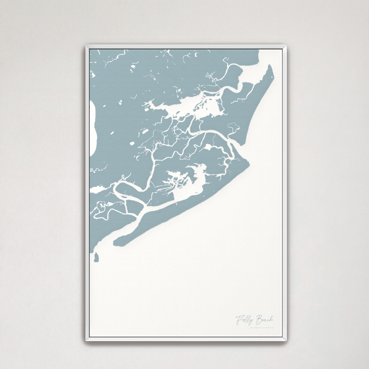 Folly Beach vertical canvas map, Soft Blue, White Frame