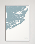 Folly Beach vertical canvas map, Soft Blue, White Frame