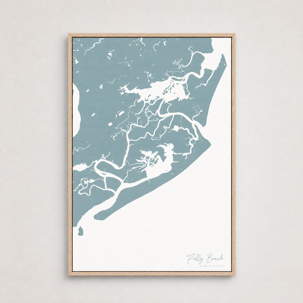 Folly Beach vertical canvas map, Soft Blue, Light Wood