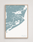 Folly Beach vertical canvas map, Soft Blue, Light Wood