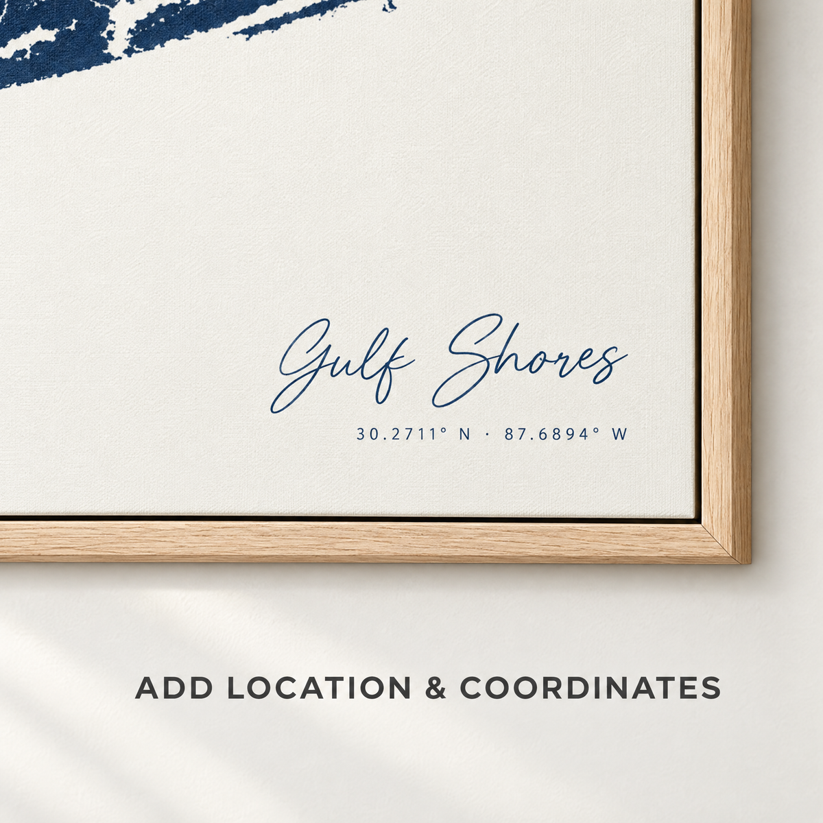 Gulf Shores horizontal canvas map in Navy, location and coordinates detail