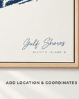 Gulf Shores horizontal canvas map in Navy, location and coordinates detail