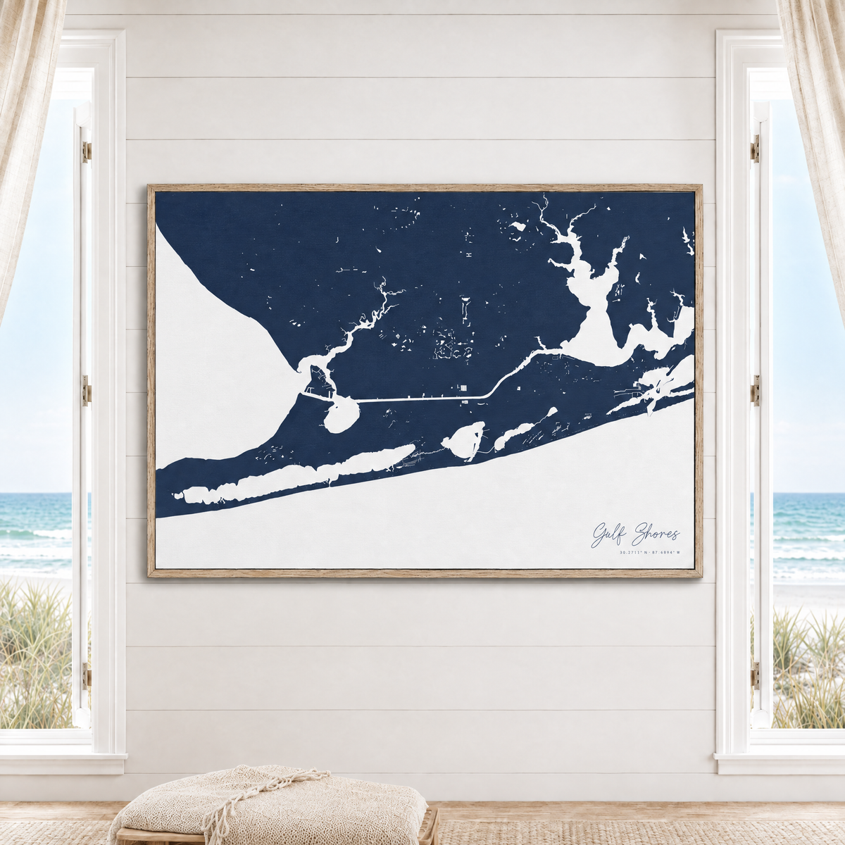 Gulf Shores horizontal canvas map in Navy, window interior