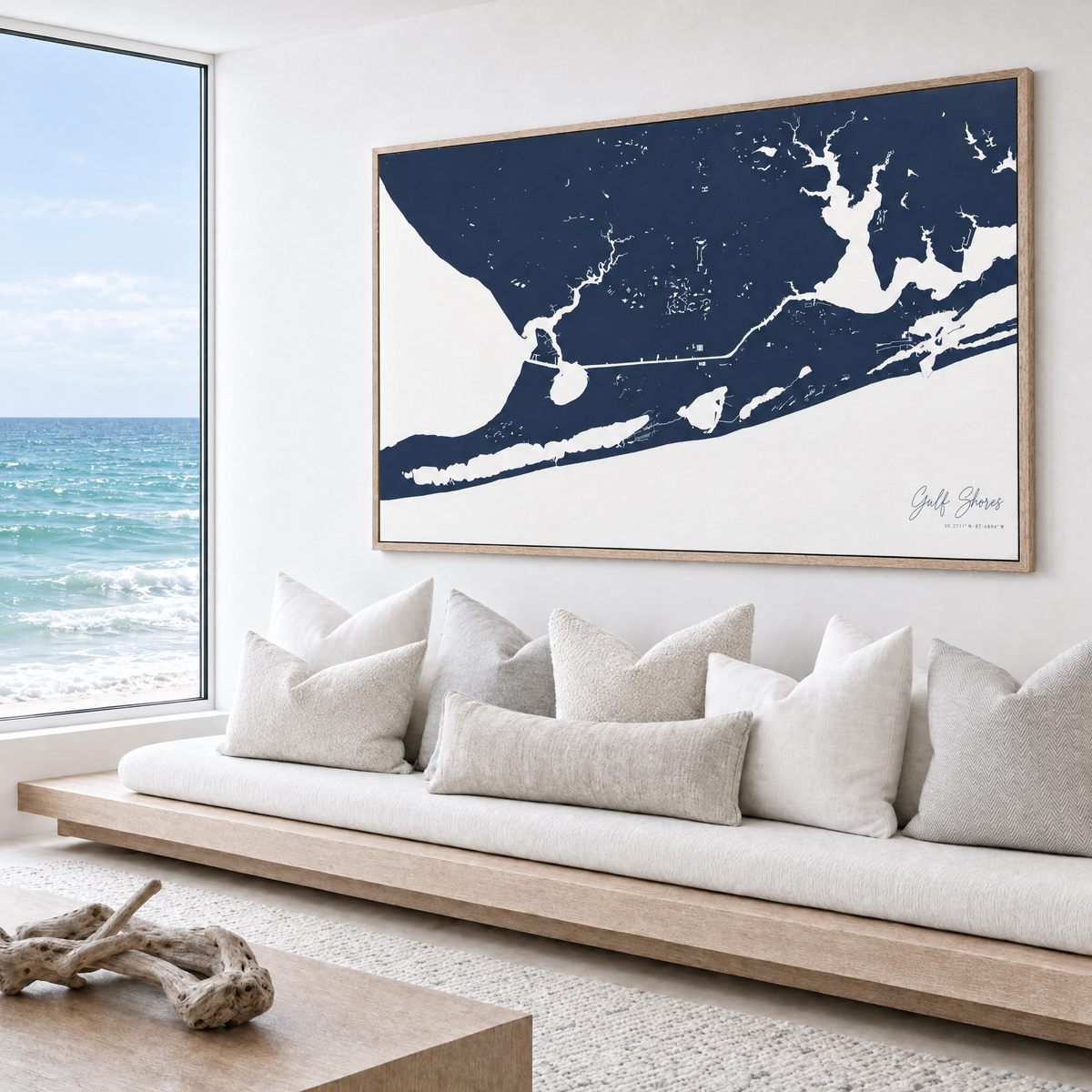 Gulf Shores horizontal canvas map in Navy, bench beside a water view