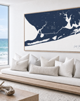Gulf Shores horizontal canvas map in Navy, bench beside a water view