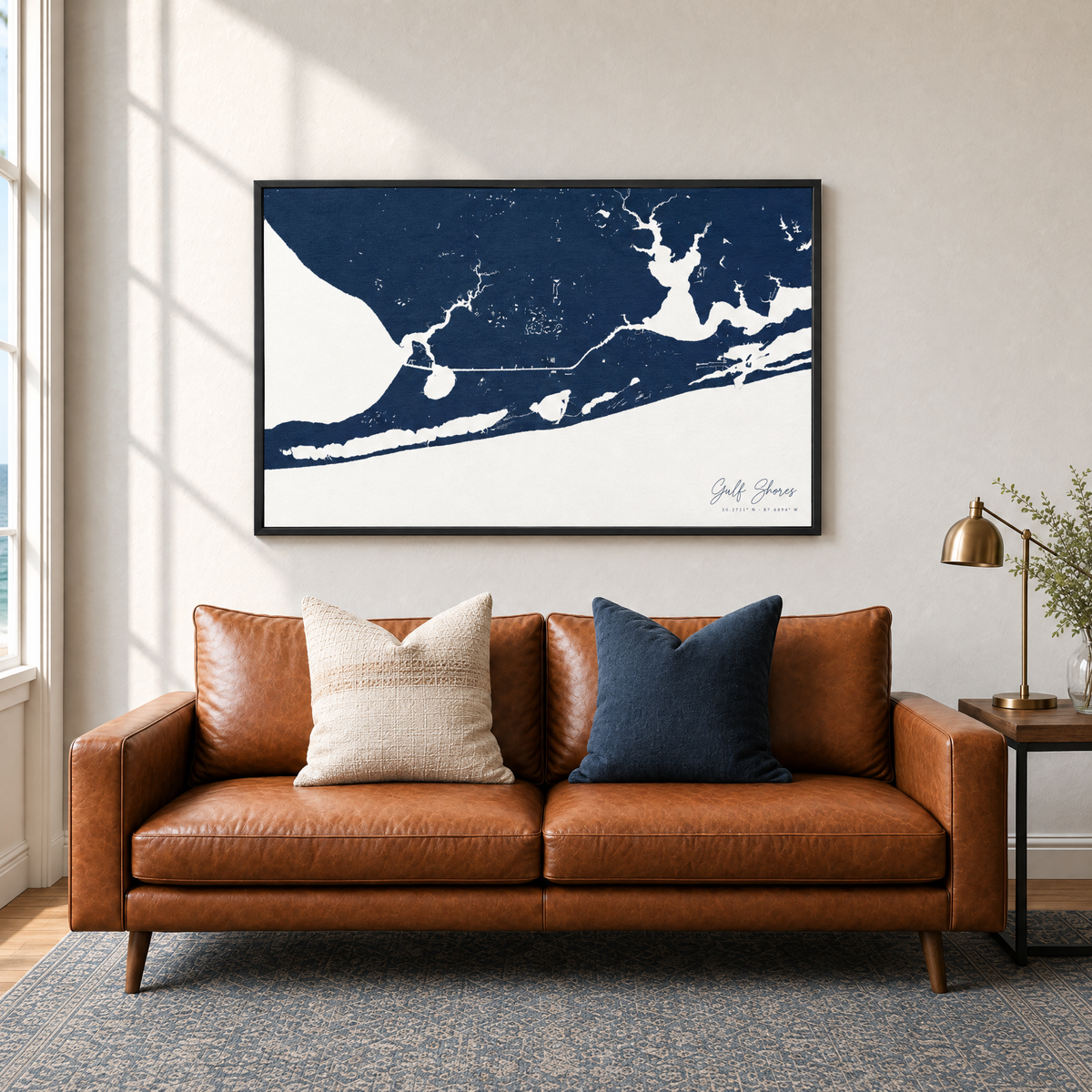 Gulf Shores horizontal canvas map in Navy, black-framed canvas above a sofa