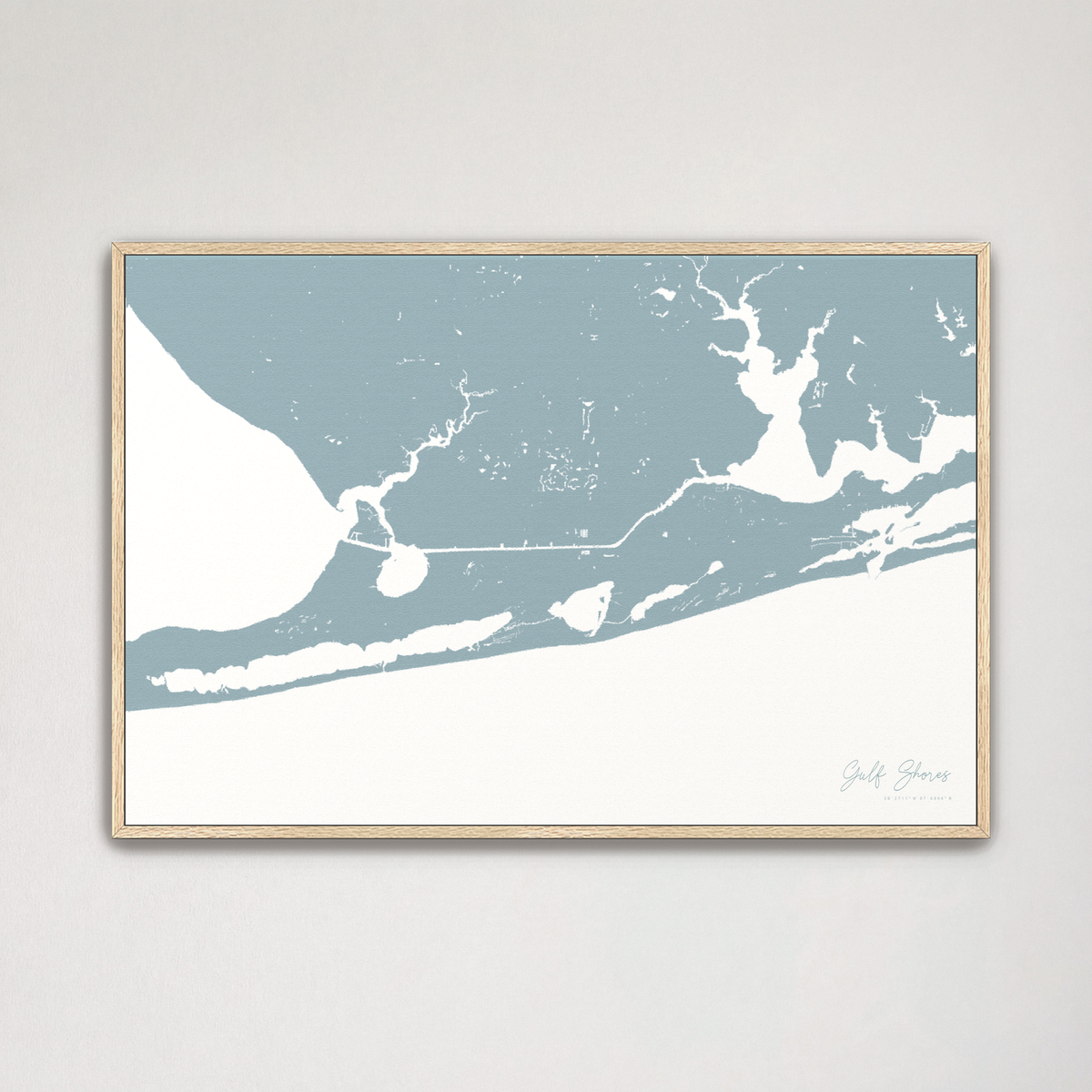 Gulf Shores horizontal canvas map, Soft Blue, Natural Oak