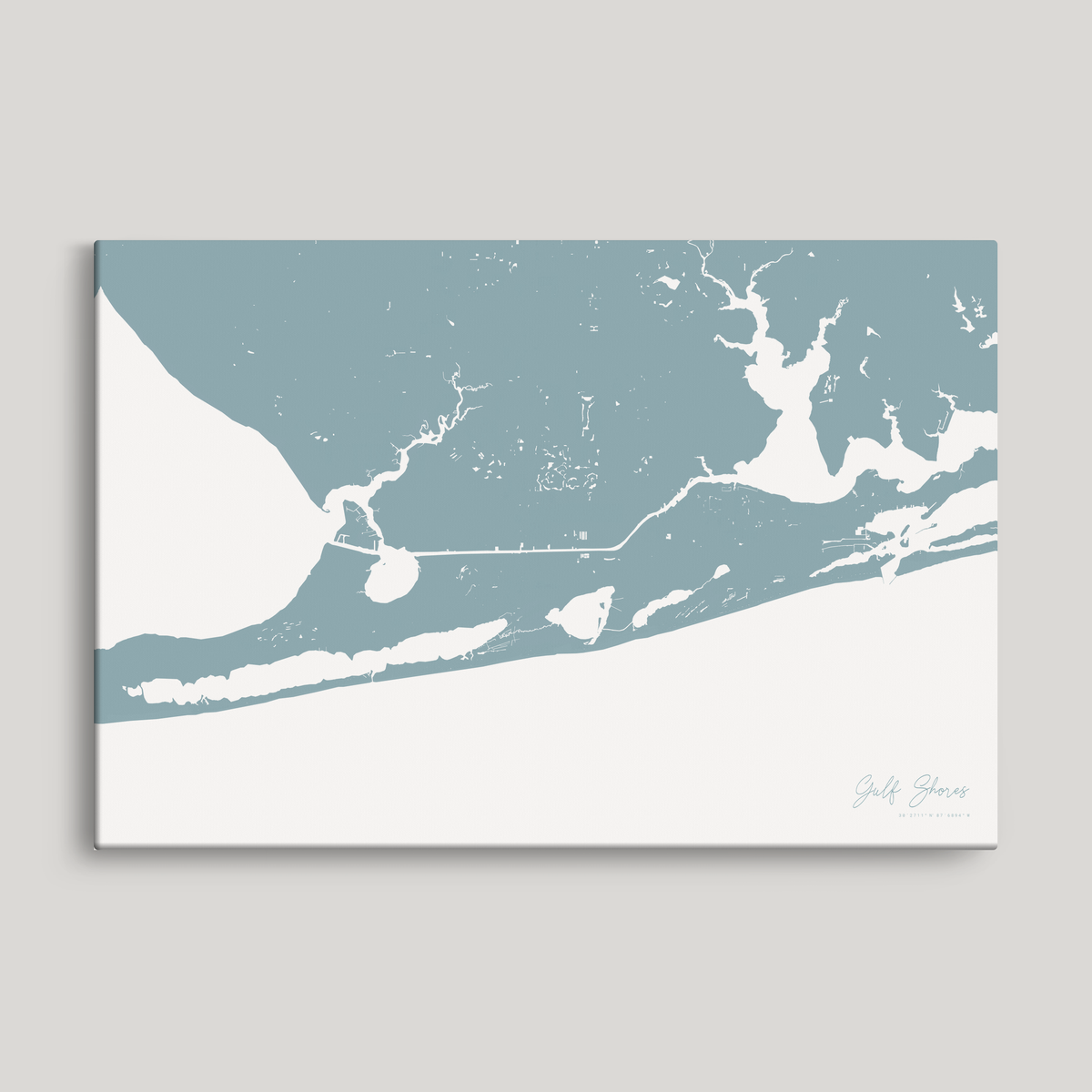 Gulf Shores horizontal canvas map, Soft Blue, No Frame