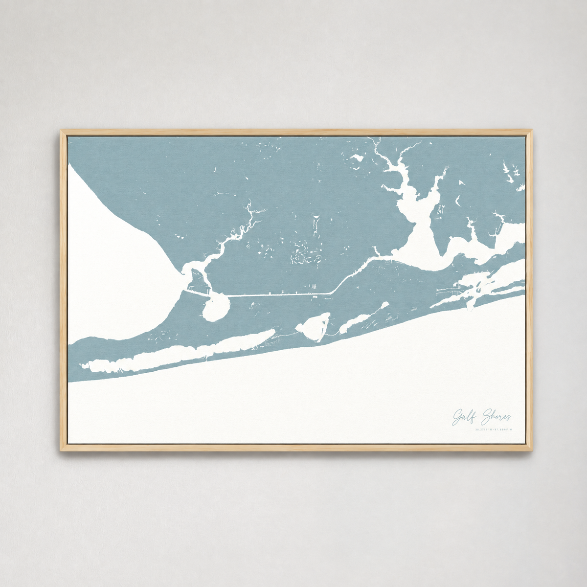 Gulf Shores horizontal canvas map, Soft Blue, Light Wood