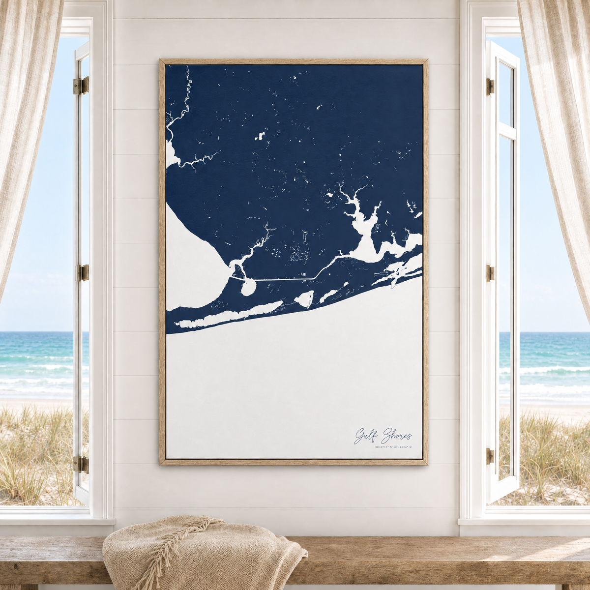 Gulf Shores vertical canvas map in Navy, window interior