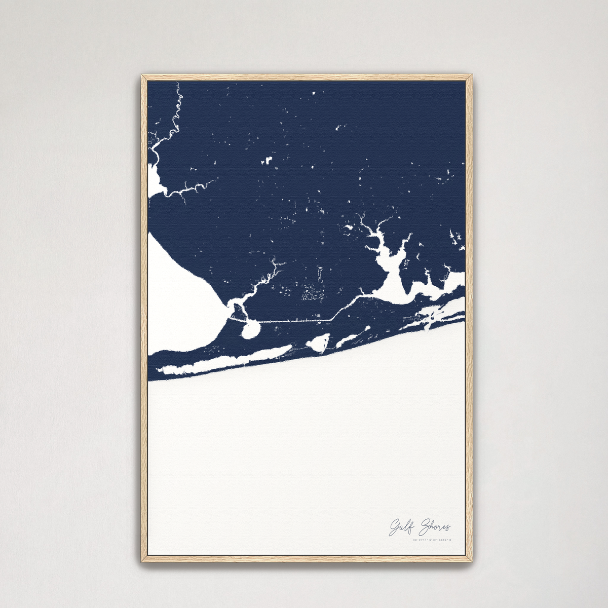 Gulf Shores vertical canvas map, Navy, Natural Oak