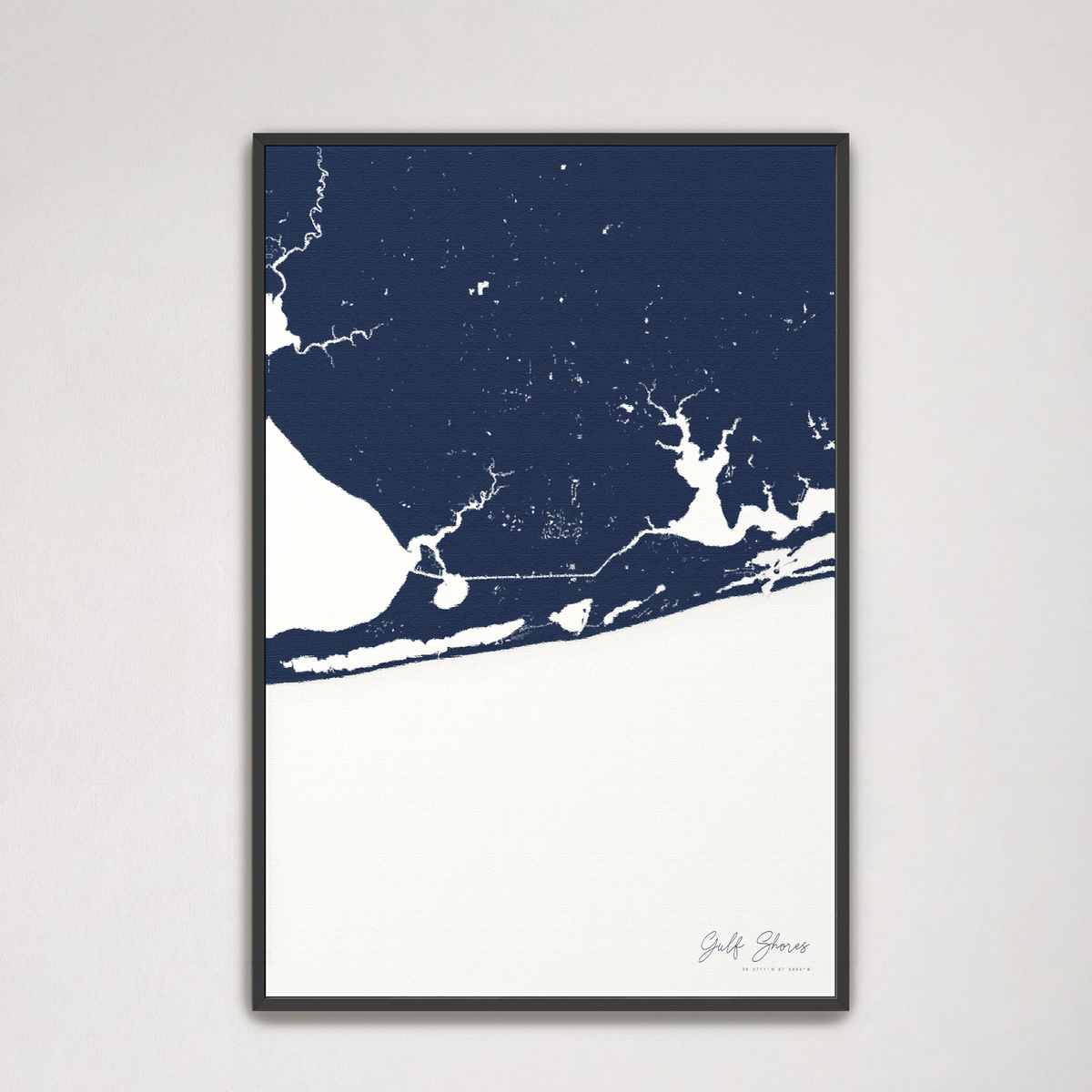 Gulf Shores vertical canvas map, Navy, Black Frame