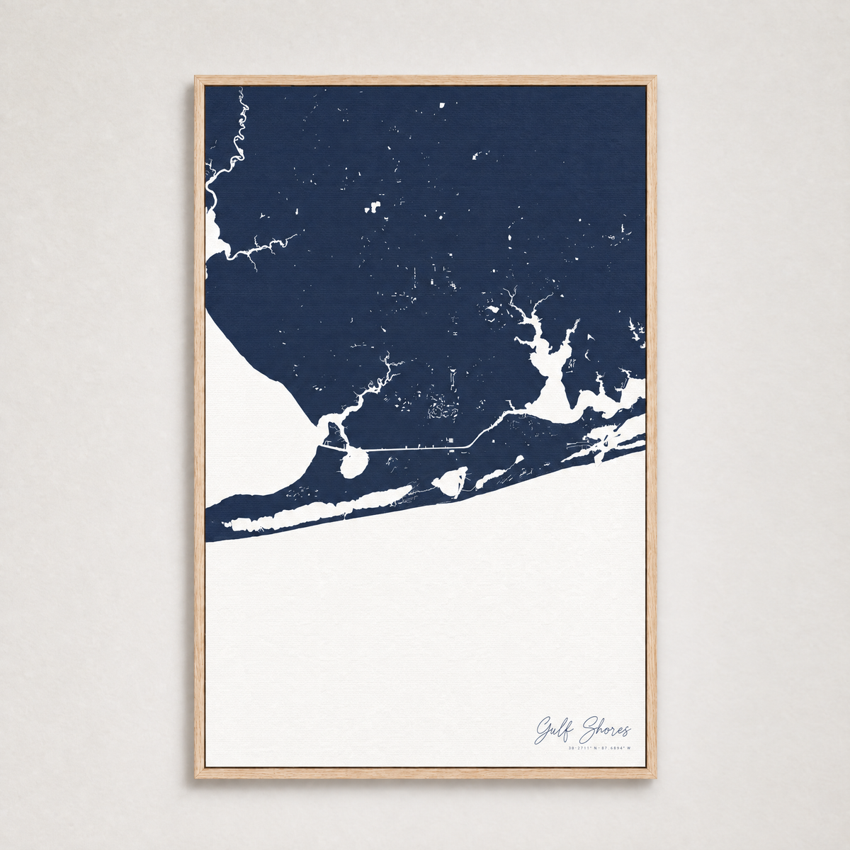 Gulf Shores vertical canvas map, Navy, Light Wood