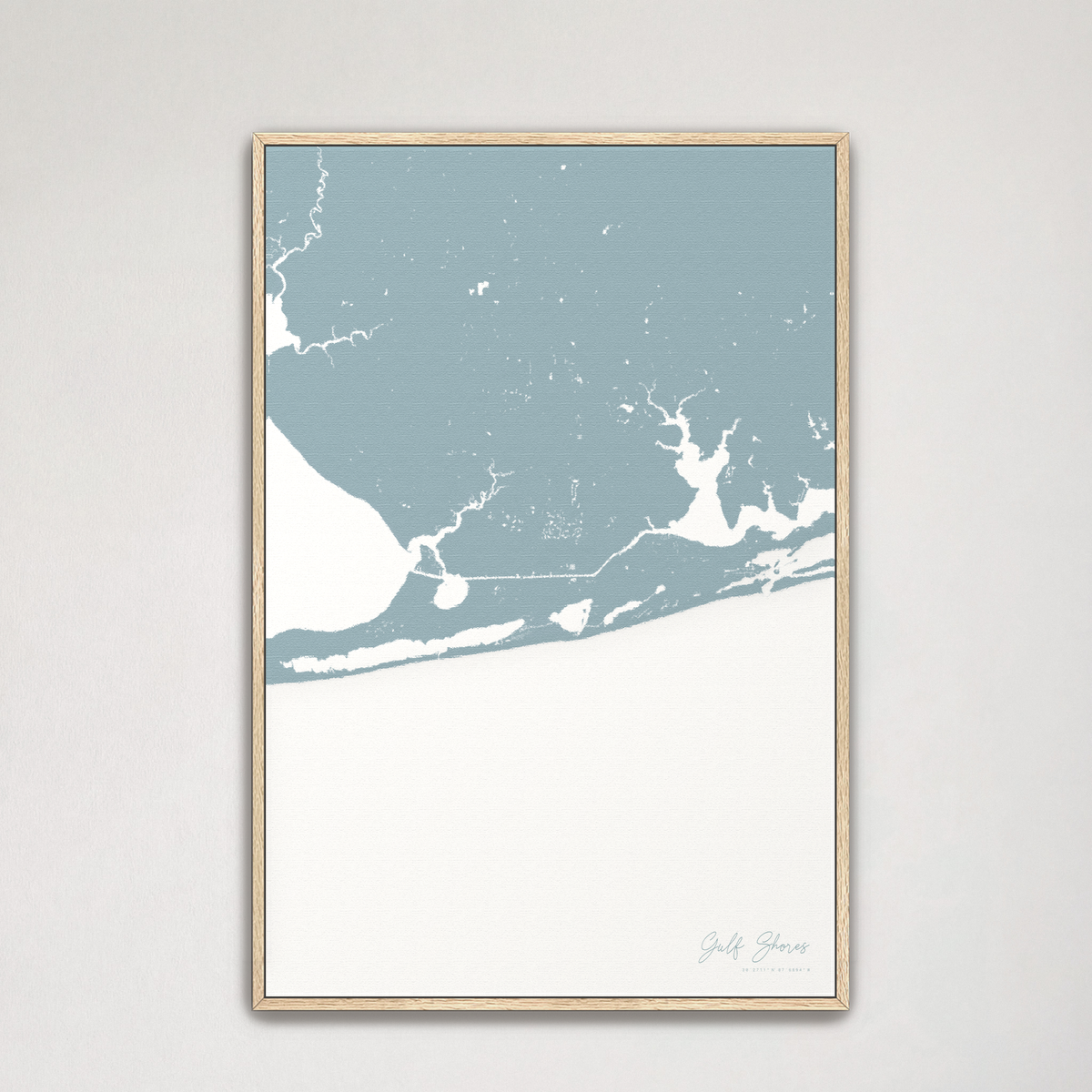 Gulf Shores vertical canvas map, Soft Blue, Natural Oak