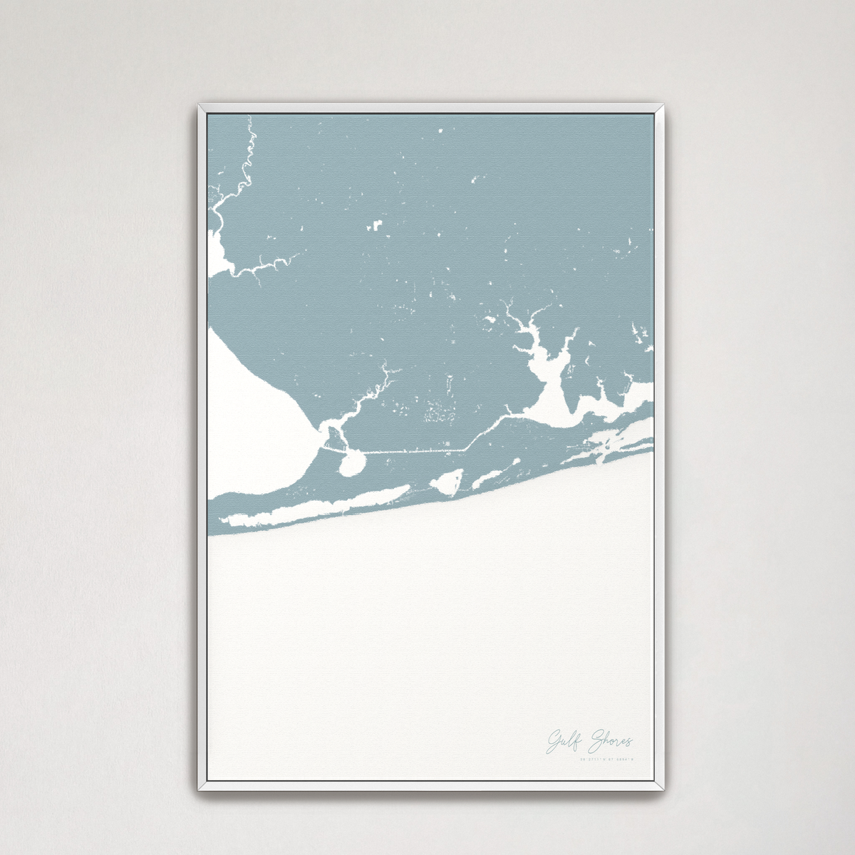 Gulf Shores vertical canvas map, Soft Blue, White Frame