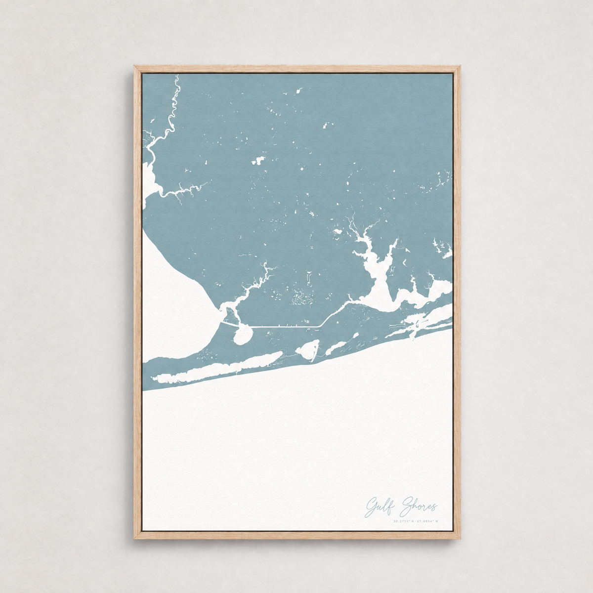 Gulf Shores vertical canvas map, Soft Blue, Light Wood