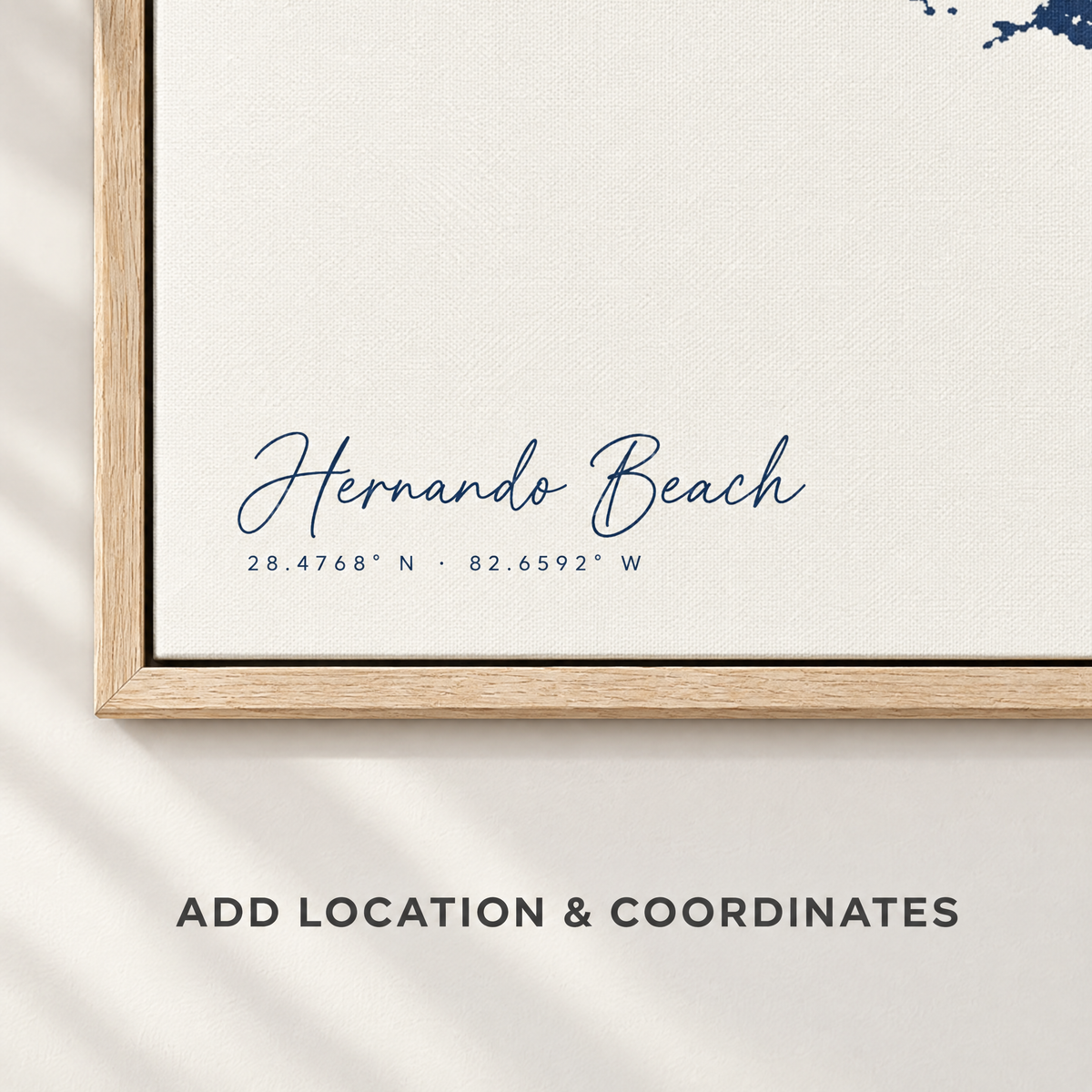 Hernando Beach horizontal canvas map in Navy, location and coordinates detail