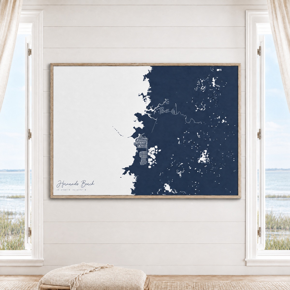 Hernando Beach horizontal canvas map in Navy, window interior