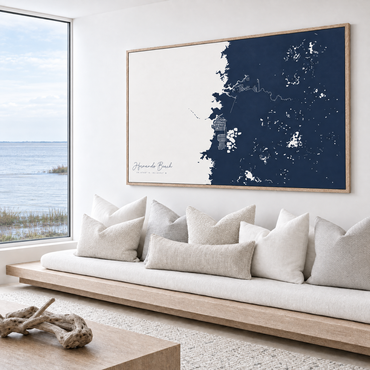 Hernando Beach horizontal canvas map in Navy, bench beside a water view