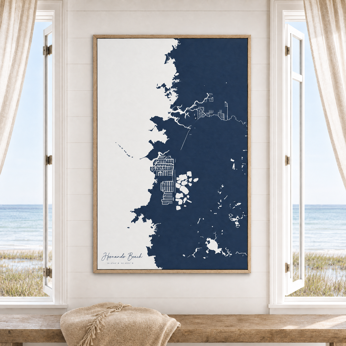 Hernando Beach vertical canvas map in Navy, window interior