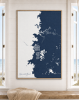 Hernando Beach vertical canvas map in Navy, window interior