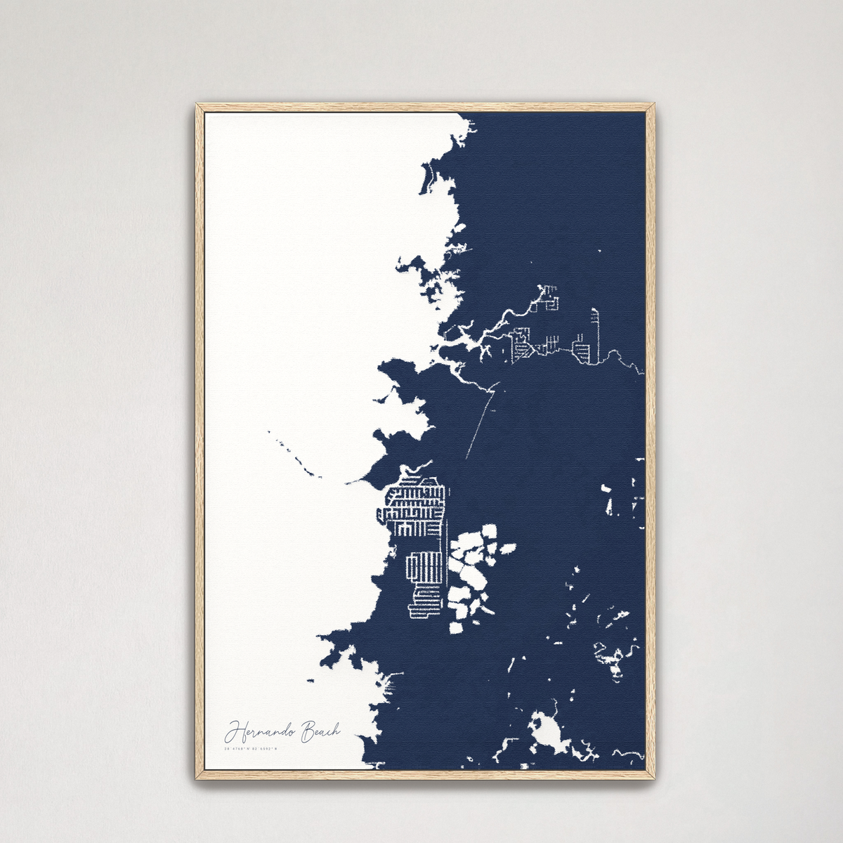 Hernando Beach vertical canvas map, Navy, Natural Oak