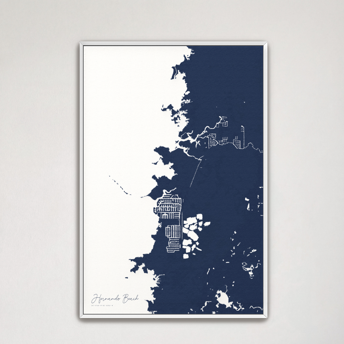 Hernando Beach vertical canvas map, Navy, White Frame