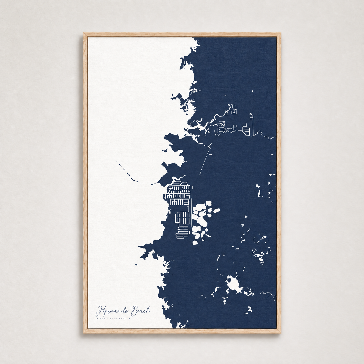 Hernando Beach vertical canvas map, Navy, Light Wood
