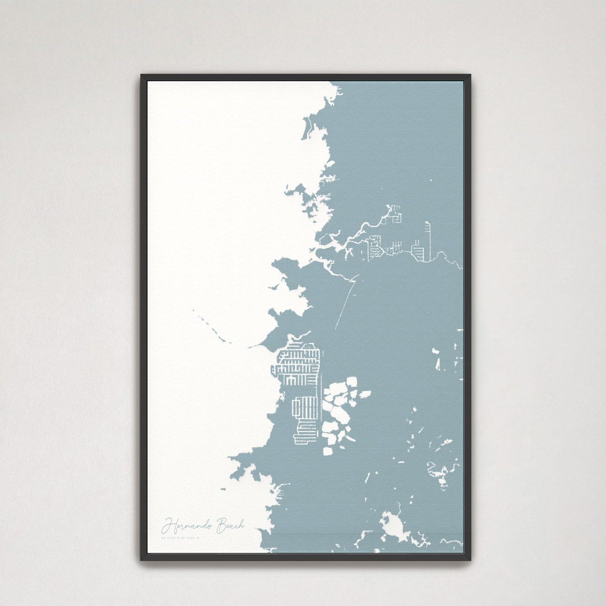 Hernando Beach vertical canvas map, Soft Blue, Black Frame